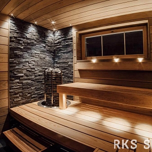 Отделка парной в бане — отделка бани внутри фото 3D мозаика из камня RKS SLATE Сланец Black Bark Rockface